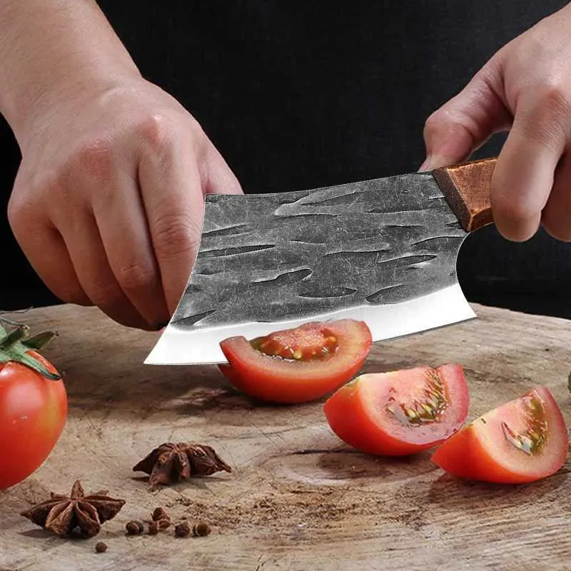 Forged Small Kitchen Cleaver – Wooden Handle Chef Knife for Vegetables & Fruits