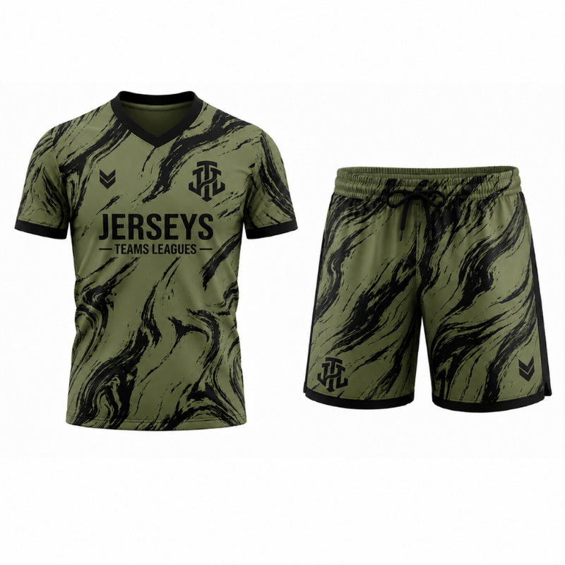 Jerseys Teams Leagues Olive Green & Black Marble Performance Football Kit – Premium Soccer Jersey and Shorts Set
